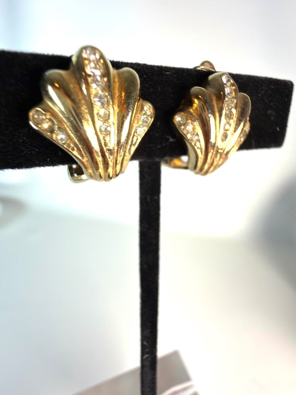 Authentic Vintage Christian Dior Signed Gold Plated Crystal Shell Fan Earrings